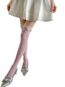 1 đôi tất cao đến đùi dành cho nữ, có ren và khoét lỗ. - Màu Hồng baby - Xem 2