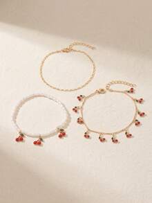 3pcs/Set Summer Vacation Style Sweet Cute Cherry Tassel Anklet, Fashionable Versatile Gold Chain Layered Faux Pearl Beaded Foot Jewelry For Women, Suitable For Daily Wear, Vacation, Party And Date - Multicolor - View 2