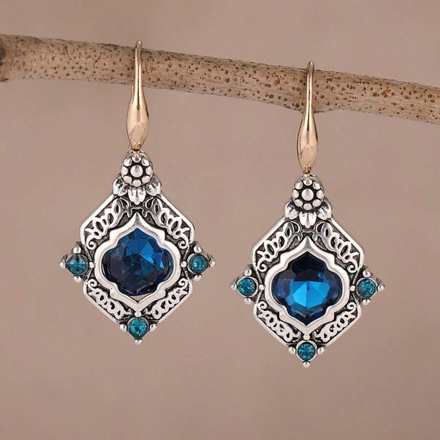 Brincos Pingente de Zircônia Azul Sintética Vintage Mais Vendidos, Design Entalhado Clássico e Elegante, Adequado para Uso Diário e em Festivais, Presente Ideal para Mulheres e Meninas - Prata - Visão 1