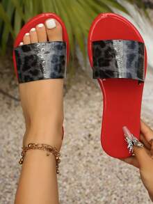 Women's Leopard Print Slip-On Comfortable Casual Fashion Red Flat Sandals, Lightweight Slippers For Summer - Black Leopard Print - View 3