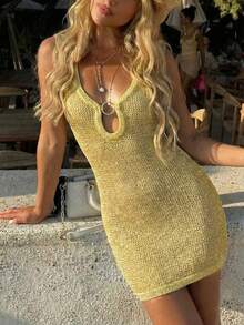 Đầm mini dệt kim không tay màu vàng kim HoloChill dành cho nữ, có chi tiết khoét lỗ và họa tiết hình tròn, đầm len ôm sát co giãn, đầm hè, đầm đi nghỉ mát, đầm dự tiệc thanh lịch, đầm đi biển, đầm dự đám cưới, đầm sinh nhật, đầm duyên dáng, đầm đi biển, đầm thường ngày. - Màu xanh Ô liu - Xem 4