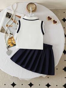 Conjunto de moda casual y lindo para niñas pequeñas, camisa de cuello acanalado + bordado de lazo, falda plisada de unicolor con lazo - Blanco - Ver 3