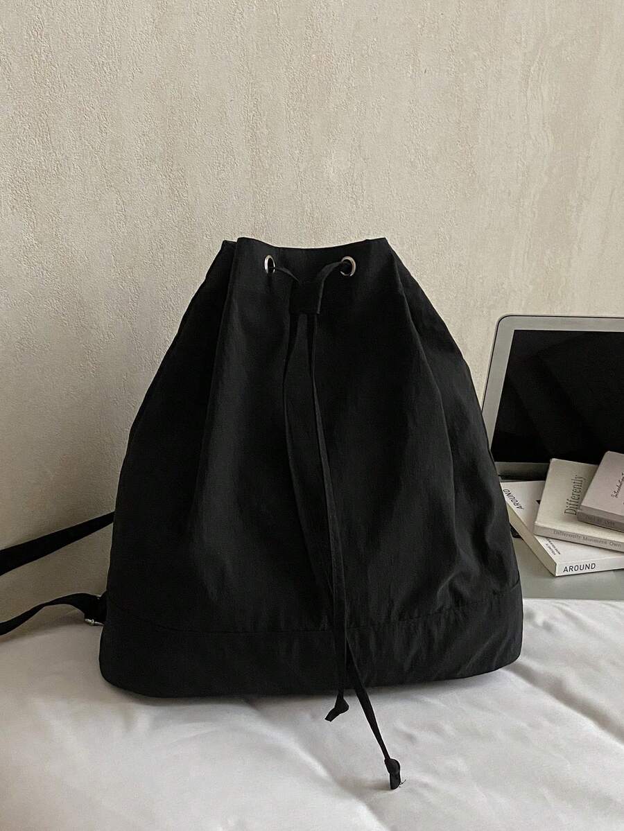 Lightweight Drawstring Backpack, Large Capacity Minimalist Outdoor Bag - Black - View 1