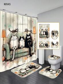 1/3/4 Sets Vintage Watercolor Cartoon Cat Shower Curtain Set, Includes Shower Curtain, Toilet Seat Cover, Bath Mat And Rug, Polyester Waterproof Washable, 12 Hooks, Suitable For Home/Bedroom/Living Room/Household Items/Summer - A - View 2