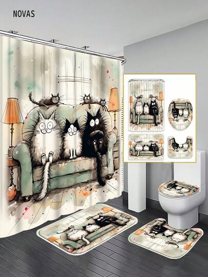 Bộ 1/3/4 món rèm tắm hình ba chú mèo con cho phòng tắm, họa tiết hoạt hình màu nước cổ điển, vải polyester có thể giặt được, chống thấm nước, trang trí phòng tắm, kèm 12 móc - Bao gồm cả tấm phủ bồn cầu, thảm tắm và thảm trải sàn, hoàn hảo cho nhà/phòng ngủ/phòng khách/đồ dùng gia đình/mùa hè