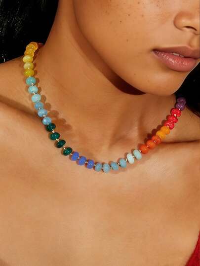 1 chiếc vòng cổ hạt cườm nhiều màu sắc, kiểu dáng phóng khoáng với đá tự nhiên, ngọc trai nước ngọt, vòng cổ cầu vồng phong cách lướt sóng bãi biển, kiểu dáng nghỉ mát.