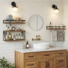 Tomnk 3+1 层壁挂式浴室置物架，马桶上方，质朴木质浮动搁架，带金属框架和毛巾杆，适用于浴室、厨房、卧室、客厅、家居装饰、浴室装饰、浴室收纳盒，夏季返校季适用 - 彩色 - 查看 1