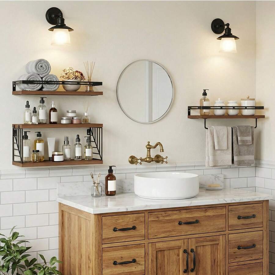 Tomnk 3+1 层壁挂式浴室置物架，马桶上方，质朴木质浮动搁架，带金属框架和毛巾杆，适用于浴室、厨房、卧室、客厅、家居装饰、浴室装饰、浴室收纳盒，夏季返校季适用 - 彩色 - 查看 1