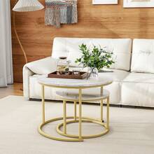 Nesting Coffee Table Set Of 2, Round White Marble Coffee Table, Nesting Tables For Living Room, Space Saving Side Tables With Metal Frame - Champagne - View 7