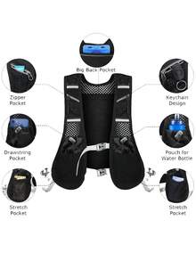 Colete de Corrida Ultra Leve com Tiras Reflexivas e Design de Armazenamento Multibolsos, Mochila de Hidratação para Homens e Mulheres, Tecido de Malha Respirável, Colete de Hidratação para Maratona, Trilha, Ciclismo, Caminhada, Exercício ao Ar Livre, Equipamento e Acessórios de Corrida - Preto - Visão 11