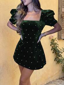 Glamful Elegant French Romantic Party Dress, Petal Sleeve Pearl Embellished Mini Dress For Birthday Party, Date - Green - View 8