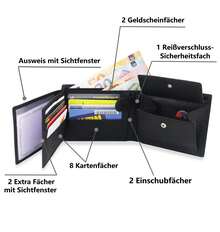FOMAX Herren Geldbörse aus echtem Leder mit RFID Schutz, Echtleder Querformat Portemonnaie für Männer, Schwarz - Schwarz - Übersicht 4