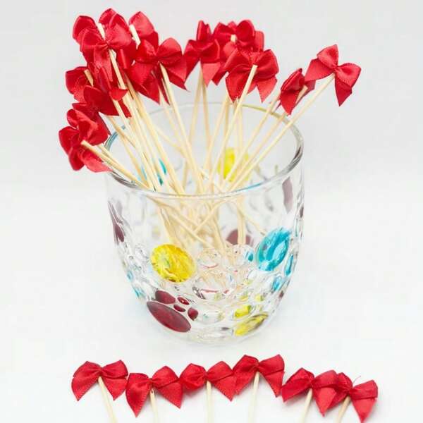 5/50/100 piezas Pinchos de bambú con forma de cola de gallo, palillos con lazo y pinchos - Largos de 11.94cm, decoraciones de boda, San Valentín y fiestas, adornos para aperitivos, tablas de charcutería, frutas, barbacoa - Palillos decorativos para bebidas y comida