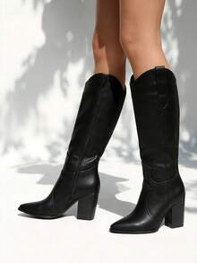 Botas largas de mujer con punta afilada, tacón grueso, cremallera, estilo occidental moderno para oficina y uso diario - Negro - Ver 2