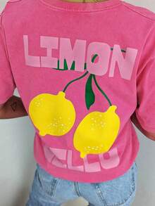 Women Casual Crew Neck Short Sleeve T-Shirt With Lemon Cello Spring Pattern - Hot Pink - View 1