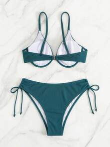 Bộ bikini hai mảnh màu trơn mới dành cho nữ, có dây buộc, gọng nâng ngực, kiểu dáng gợi cảm, dây đeo vai có thể điều chỉnh, thích hợp cho kỳ nghỉ hè đi biển. - Màu xanh ngọc - Xem 3
