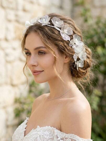 1 pieza Diadema elegante de metal plateado con flor hueca, accesorio para el cabello de perlas falsas para novia, boda, fiesta, verano, playa