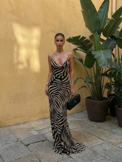 Glamful Elegant Casual Backless Tie Leopard & Zebra Print Dress, Beach Resort Summer Dress, Women Casual Dress