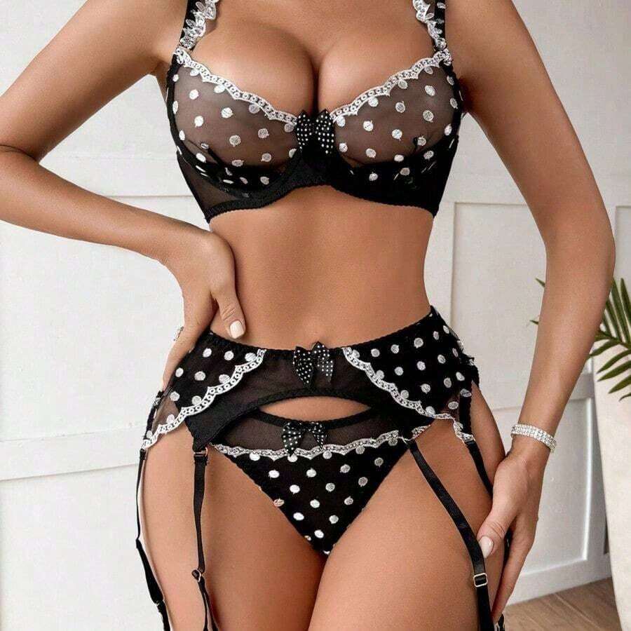 Polka Dot Embroidered Four-Piece Lingerie Set With Sheer Underwire Bra & Matching Thong, Classic Black And White Ensemble For Honeymoon Escapes & Couple's Games In Elegantly Sexy Style - 黑色 - 查看 1