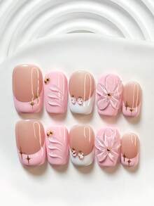 10件套“欲望女王”手工美甲套装，包含凝胶美甲套装、3D立体花朵美甲装饰、金色星星美甲贴纸、白色指甲油、美甲工具（1个果冻贴纸+1个指甲锉）。提供三种尺寸：方形、短方形、杏仁形。适合春夏派对、日常佩戴、拍照、通勤等场合。 - 彩色 - 查看 11