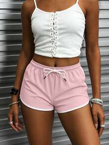 Women's Outdoor Casual Shorts, Striped Color Block Drawstring Design, Comfortable Breathable Bermuda Shorts, Suitable For Outdoor Sports And Casual Wear - Pink - View 3