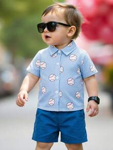 两件套幼儿男童休闲户外短袖印花衬衫+短裤套装，轻便夏季商务通勤装。 - 寶藍色 - 查看 3