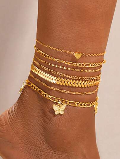 7件套金色复古蝴蝶爱心脚链套装，女士多层脚链手链，沙滩饰品礼品
