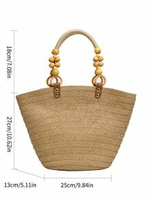 Túi đan thủ công, túi đeo vai đi biển mới dành cho nữ, túi xách cỡ lớn bằng rơm, túi xách tay kiểu giỏ đan. - Màu Khaki - Xem 8