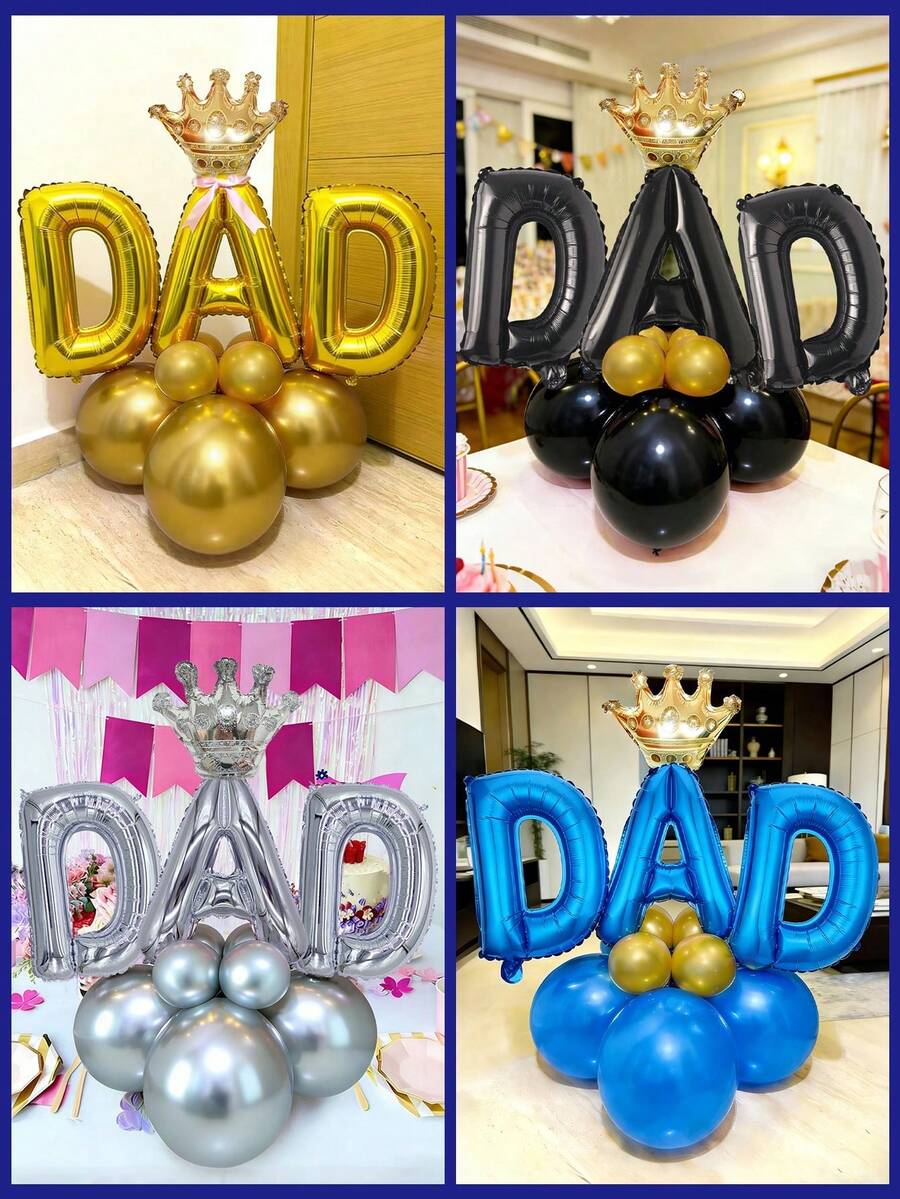 13pcs Father's Day Theme Set, 16-Inch Gold, Black, Silver, Blue "DAD" Letter Balloons, Mini Crown Shaped Balloons, Creative Father's Day Balloons For Party Decoration - Multicolor - View 1