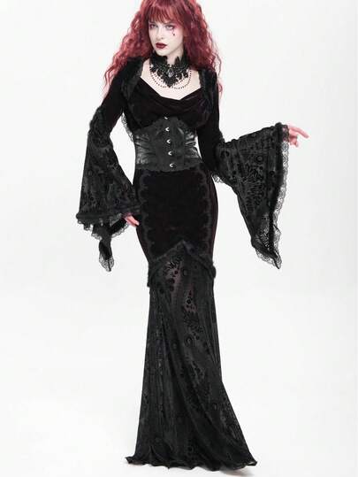 Devil fashion 1pc Gothic Lace Patchwork Hooded Maxi Dress, Dark Style Performance/Cosplay, Autumn/Winter