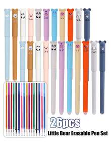 26pcs Bear Shaped Erasable Pens Set, Assorted Styles, 6pcs Pens + 20pcs Refills, 0.5mm Fine Tip, Colorful Ink, Built-In Eraser, Ideal For Note-Taking, Writing, Office & School Supplies, Great Gift - Multicolor - View 2