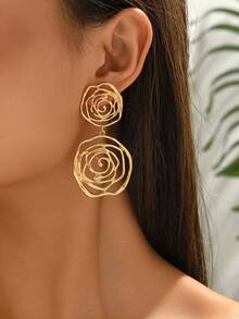 1 Pair European And American Minimalist Fashion Gold-Color Metal Alloy DIY Woven Floral Earrings, Including: Half-Side 3D Floral, Zinc Alloy Geometric Gold Flower, Zinc Alloy Drip-Painted Flower Pendant, 3D Gold Metal Flower, Double-Layer 3D Metal Wire Flower, Rose Flower, 3D Gold Metal Flower, Handmade Red Flower Drip-Painted Earrings. Suitable For Vacation, Party, Daily Wear, Holiday Gifts. - Gold - View 2