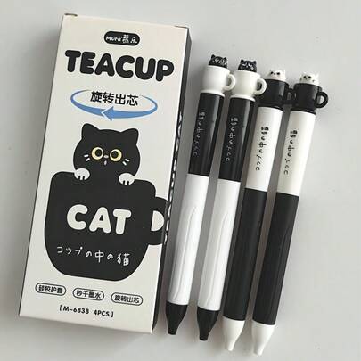 4pcs Cat Themed Rotatable Cup Shaped Neutral Pens, 0.5mm Quick-Drying Black Ink, Office Stationery Supplies