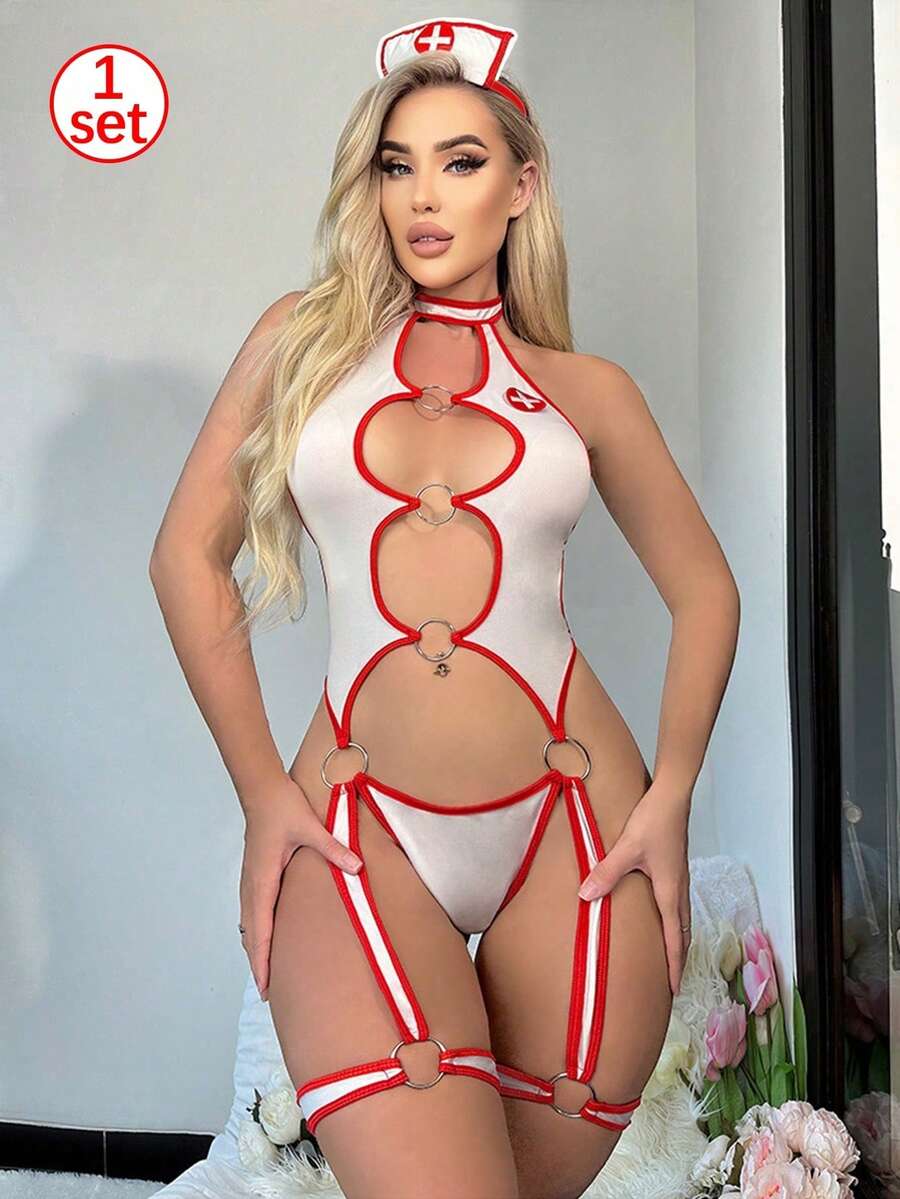 2 piezas Conjunto de Disfraz de Enfermera Sexy, incluye Mono Transparente, Gorro de Enfermera y Mono con Cadena Metálica Hueca, Adecuado para Juego de Roles, Día de San Valentín, Ocasiones Especiales - Rojo - Ver 1