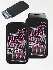 New Pink Black Dog Pattern Straight-Insert Phone Case Protective Cloth Bag, Black Outdoor Phone Storage Bag, Straight-Insert Phone Pouch, Made Of Neoprene Material For Shock And Dust Protection, Warm, Elastic Inner Liner, Portable Men'S And Women'S Bag - Black - View 1