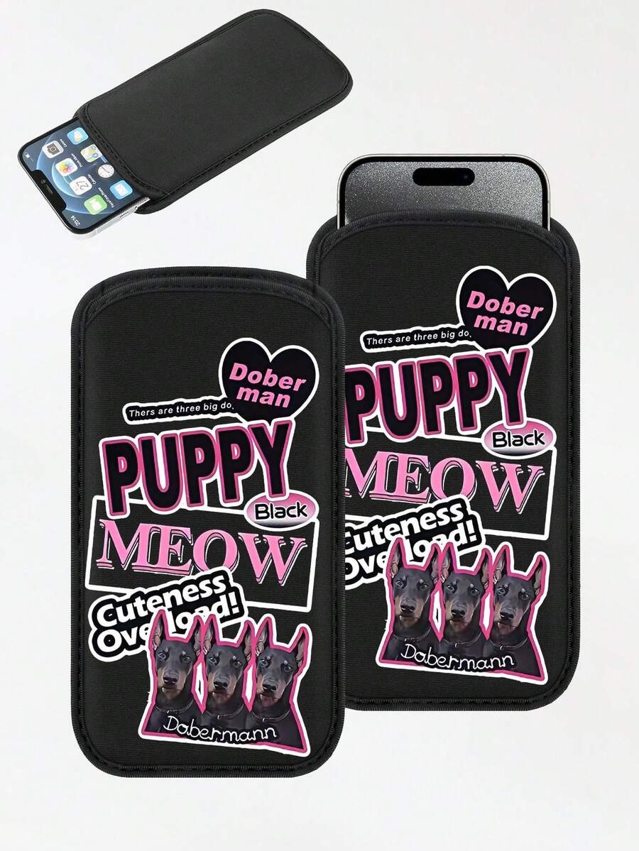 New Pink Black Dog Pattern Straight-Insert Phone Case Protective Cloth Bag, Black Outdoor Phone Storage Bag, Straight-Insert Phone Pouch, Made Of Neoprene Material For Shock And Dust Protection, Warm, Elastic Inner Liner, Portable Men'S And Women'S Bag - Black - View 1