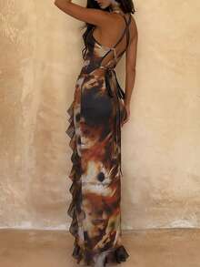 Women's Summer Dress, Brown Printed V-Neck Dress, High Slit Ruffle Hem Wedding Party - Brown - View 10