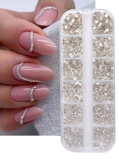 12 viên đá trang trí móng tay màu trắng, nhiều kích cỡ khác nhau, đá pha lê trang trí móng tay, đồ trang sức móng tay tự làm, phụ kiện móng tay, đá quý trang trí móng tay, vật tư làm móng.
