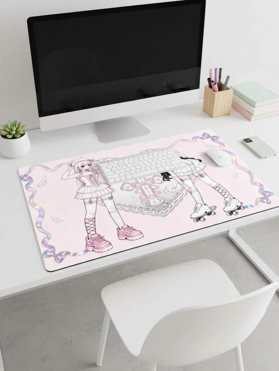 Alfombrilla de ratón extra grande XXXL de cobertura total y suave, lavable, impermeable y antideslizante, de 39.37"X19.69", con base de goma y superficie de tela, con patrón de ángel patinando en rosa, gran alfombrilla de escritorio para teclado y computadora, compatible con ratón con cable e inalámbrico, para uso en oficina y hogar, regalo elegante, regalo del Día de la Madre - Ver 1