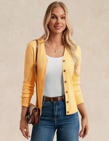 Women's Long Sleeve Button Up Cardigan Sweaters Ribbed Knit Open Front Casual - Mid Yellow - View 4