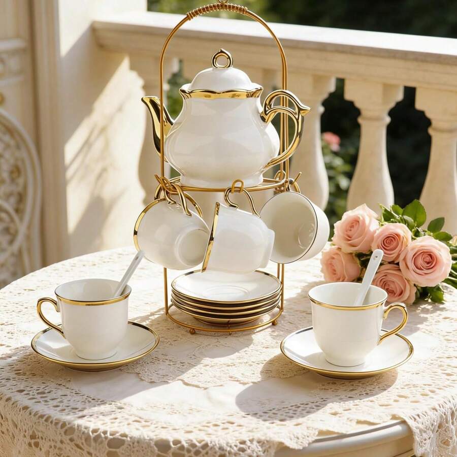 20-Piece Tea Cups Holder & Organizer, Gold Metal Rack For Coffee Cup, Spoon & Saucers, Porcelain Ceramic Tea Gift Set For 6 - Complete Serving Set With Organizer, Ultimate Gift For Tea Lovers, Perfect Mother's Day, Christmas & Housewarming - White - View 1