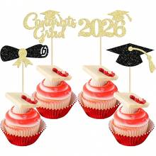 12pcs Congrats Grad 2026 Cake Toppers - Graduation Diploma & Cap Cake Decorations For High School, College 2026 Graduation Party - Gold - View 6