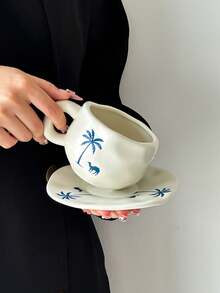 1 pieza Camello y Palmera - Taza de café y platillo de cerámica "Barco del Desierto", taza de café de cerámica hecha a mano con estilo minimalista Ins, taza de cerámica de alta calidad, cerámica - Apta para leche, café, té de la tarde de las damas, regalo - Multicolor - Ver 4