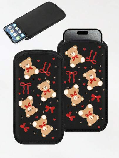 新款蝴蝶结泰迪熊图案直插式手机保护套布袋，黑色户外手机收纳袋，直插式手机袋，采用氯丁橡胶材质，防震防尘，保暖弹性内衬，男女通用便携包。