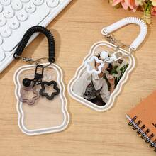 1 Set Clear Photocard Holder Keychain For Kpops - Protective Card Protector Sleeve With Star Wave Design | ID Badge, Bus Pass, Student Card, Photo Keyring - Card Sleeve + Spring + Pendant - View 1