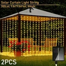 Solar Outdoor Lights Waterproof Curtain String Lights, 300 Led 9.84*9.84 Feet, 8 Mods, Garden Stuff, Suitable For Christmas, Halloween, Patio, Yard And Garden Decorations - 300 đèn LED - Xem 16