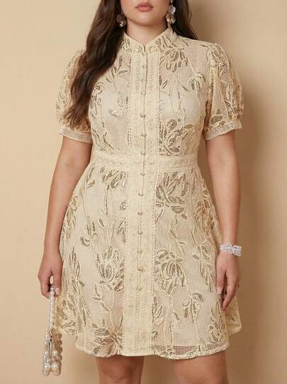 Whisplicity Vestido corto de mujer talla grande con nueva manga corta, cintura ceñida, bordado de malla con lentejuelas, adecuado para fiestas, bodas y ocasiones elegantes