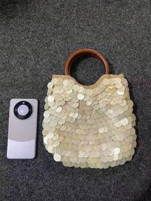 Fashionable Double-Sided Shell Decor Beaded Metal Chain Crossbody Handbag, Suitable For Beach, Vacation, Travel, Shopping - Beige - View 6