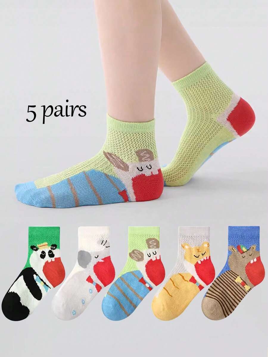 5 pares de calcetines transpirables de malla con estampado de dibujos animales de primavera/verano, adecuados para niñas y niños de 2 a 16 años - Multicolor - Ver 1