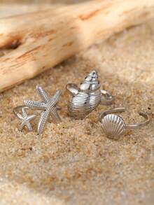Set de 3 anillos de acero inoxidable, anillos abiertos con elementos oceánicos como estrella de mar, concha y diseño de caracol, estilo retro de vacaciones, adecuado para uso diario/apilamiento de mujeres, regalo de amistad - juego de anillos - Ver 3